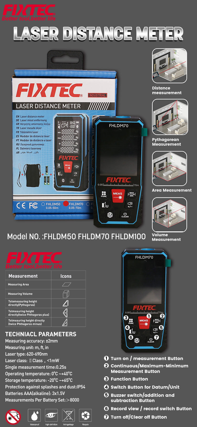 Laser Distance Meter 50m with 99 Group Memory - Wireless