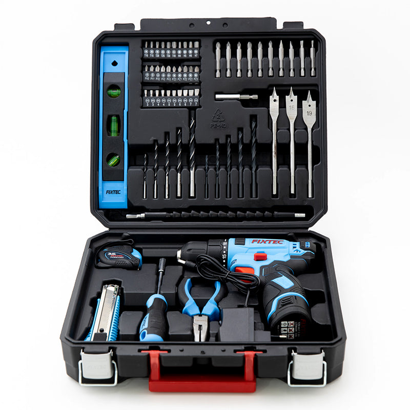Fixtec 12V Cordless Drill Kit with 60-Piece Accessory Set