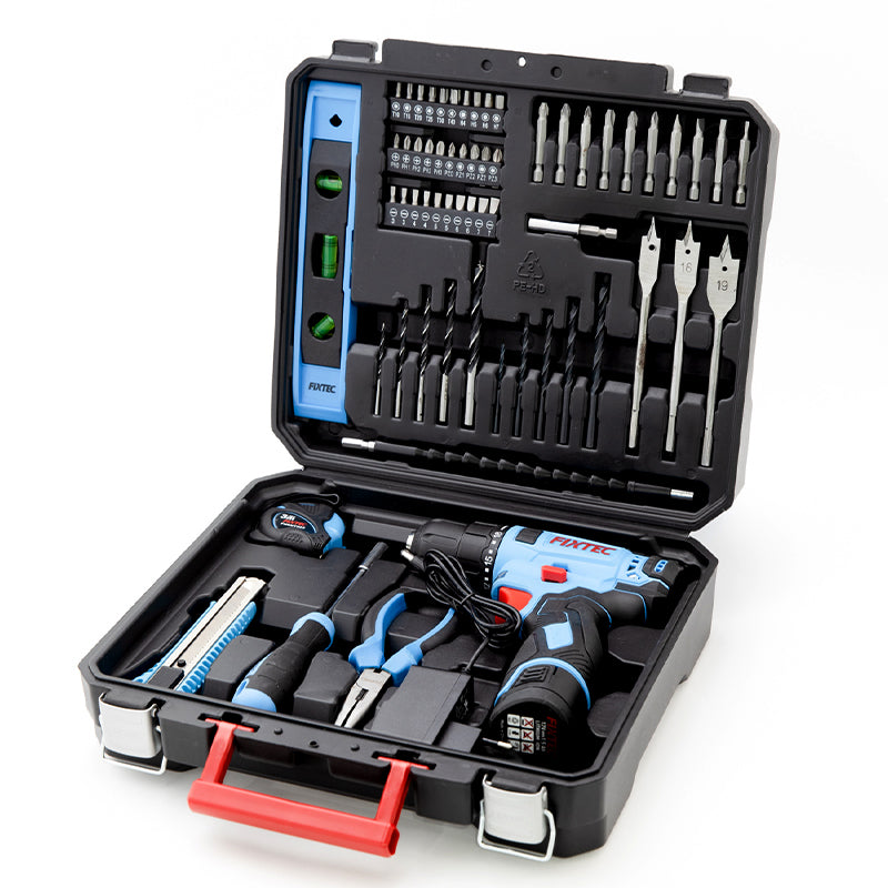 Fixtec 12V Cordless Drill Kit with 60-Piece Accessory Set
