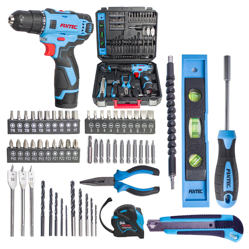Fixtec 12V Cordless Drill Kit with 60-Piece Accessory Set
