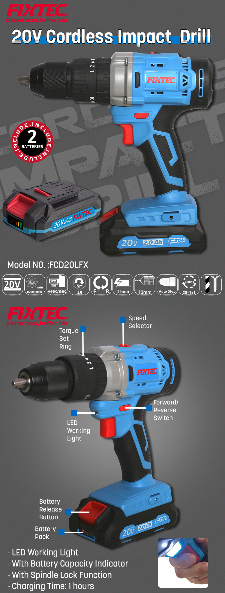 Fixtec 20V Cordless Impact Drill with 2x2000mAh Batteries