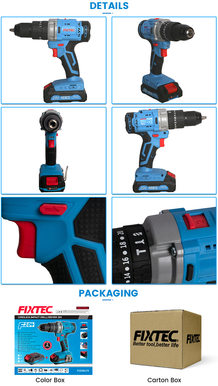Fixtec 20V Cordless Impact Drill with 2x2000mAh Batteries