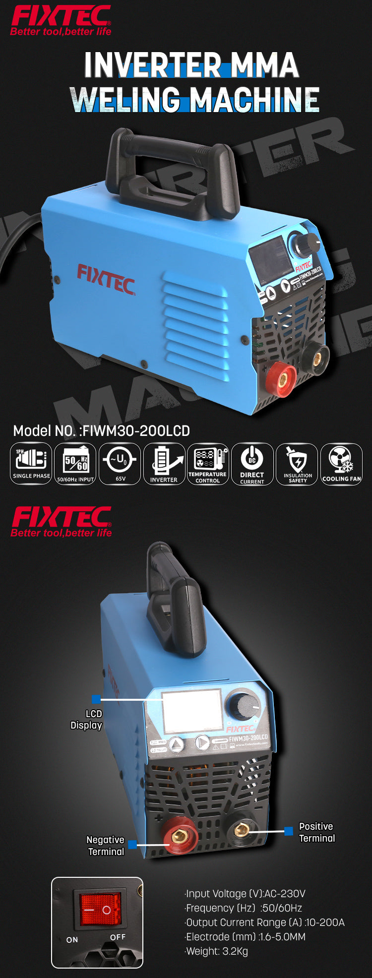 Inverter MMA Welding Machine 200A with LCD Screen - Cable