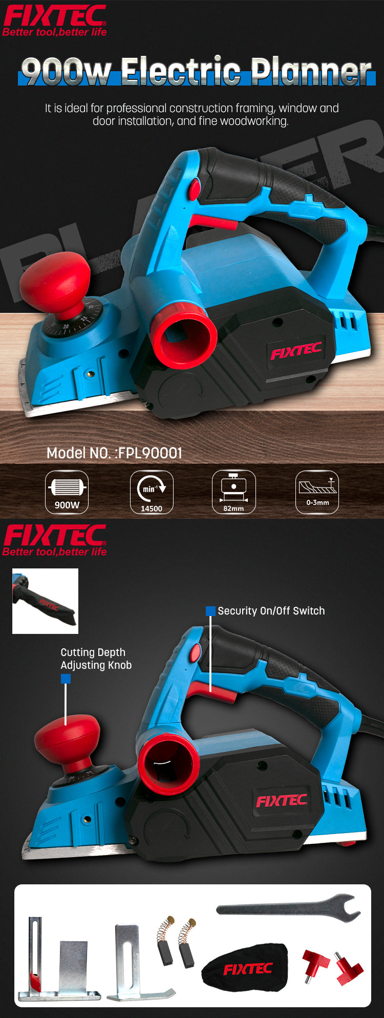 Fixtec 900W Electric Planer with Aluminum Base - Cable